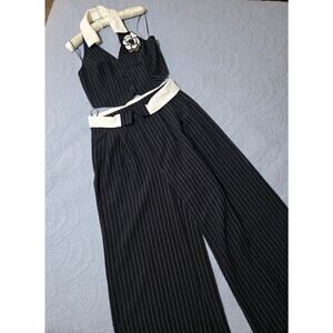 Set Black Pinstripe Halter Vest Top & Wide Leg Trousers - L